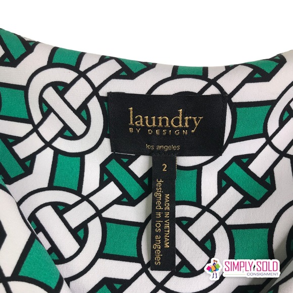 Laundry by Design Women's Shift Dress Green White Black Geometric V-Neck Sz 2 - Picture 7 of 8